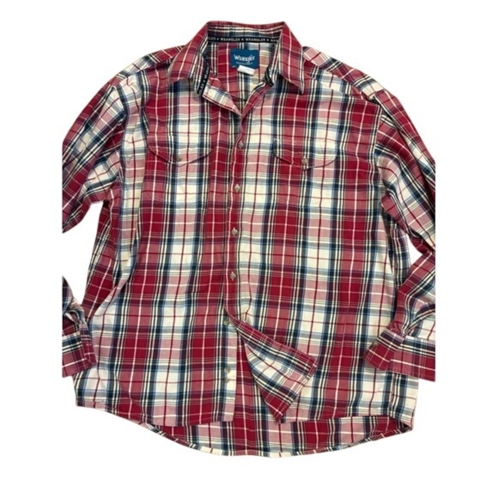 Wrangler Western Shirt Mens Red White Blue Plaid Long Sleeve Button Vintage